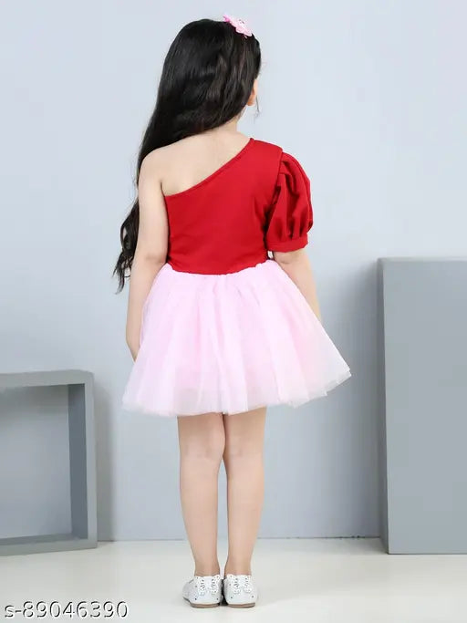 Red & Pink net off-shoulder dress for girls, featuring an elegant bow and short sleeves. Soft, comfortable net fabric. Indian origin