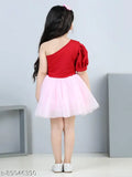 Red & Pink net off-shoulder dress for girls, featuring an elegant bow and short sleeves. Soft, comfortable net fabric. Indian origin
