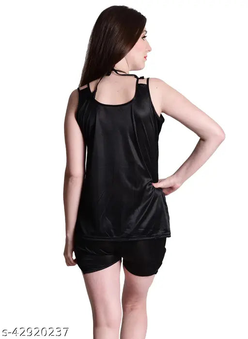 Black satin nightwear top & shorts set, sleeveless, one size fits most (28-36 inches bust, 28-34 inches waist)