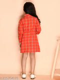 Orange rayon fit-and-flare checkered shirt dress for kids, perfect for stylish playtime