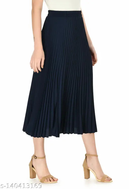 Rust red solid accordion pleated midi skirt, flared hem and elasticated waistband - ladies wear