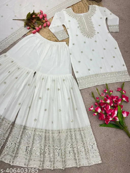 Chinnon Silk Kurta Set with heavy embroidery and sequin work. Georgette & cotton fabric. Three-quarter sleeves, 900gm, ready to wear