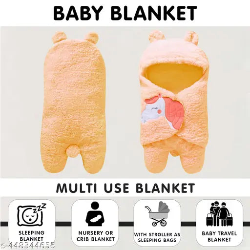 Peach fleece all-season unicorn hooded baby blanket - ideal for mild winter (0-6 months)