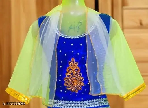 Embroidered velvet and net lehenga choli set for girls, ethnic wear on display, Indian festive dress for special occasions