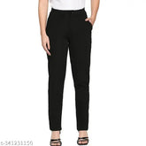 Black stretchable Lycra formal pant for women, solid design, elastic pocket, India origin