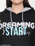 Women's black cotton pullover sweatshirt with typography print, long sleeves, hood, and kangaroo pockets. Made in India