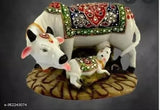 Marble dust/Polyresin Cow and Calf Big Statue, designer stone-studded Nandi Pooja figurine sculpture - 5 inch multicolor, premium quality decor for home or gift