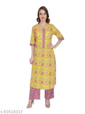 Yellow printed kurta palazzo set with butterfly embroidery, three-quarter sleeves, organic cotton