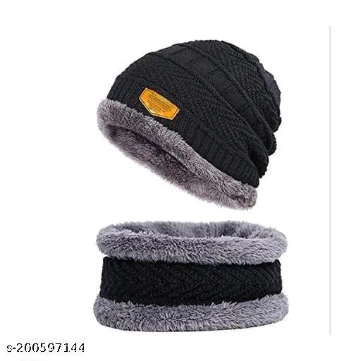 Woolen topa set (beanie, skull cap, neck warmer, muffler combo): black winter cap with faux fur inner side, airproof, warm, and adjustable for men, women, and kids