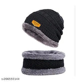 Woolen topa set (beanie, skull cap, neck warmer, muffler combo): black winter cap with faux fur inner side, airproof, warm, and adjustable for men, women, and kids