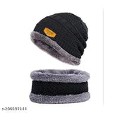 Woolen topa set (beanie, skull cap, neck warmer, muffler combo): black winter cap with faux fur inner side, airproof, warm, and adjustable for men, women, and kids