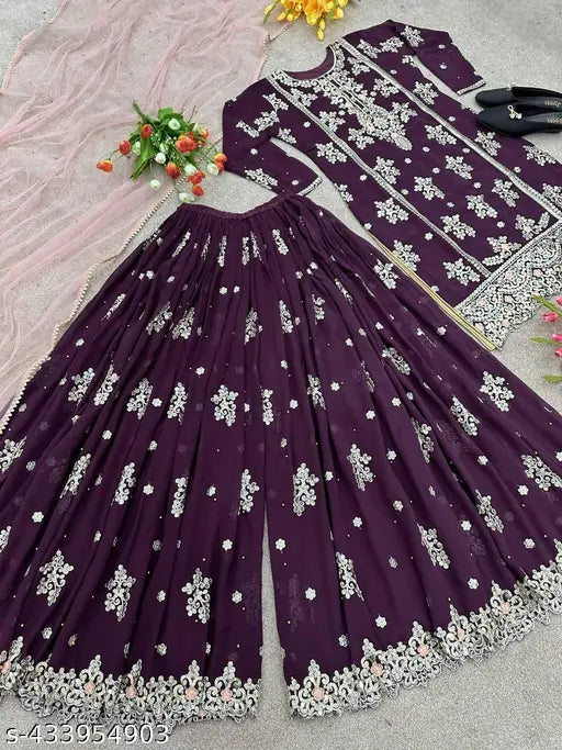 Georgette and net designer party wear TopPlazzo with heavy embroidery, XL, three-quarter sleeves