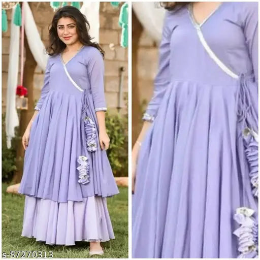 Purple rayon Anarkali kurta set with pants and dupatta, three-quarter sleeves, solid pattern, stitched net, pack of 2 for women's fashion