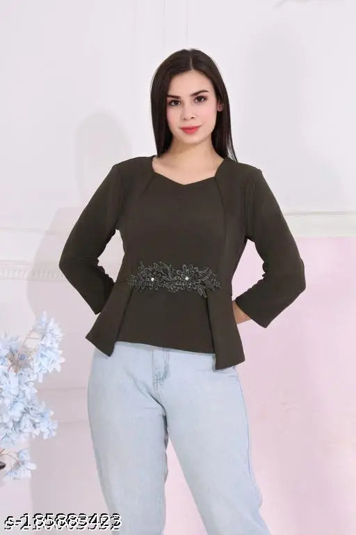 Black Lycra tunic top, solid pattern, long sleeves, size M, Mizo Tops & Tunics from India