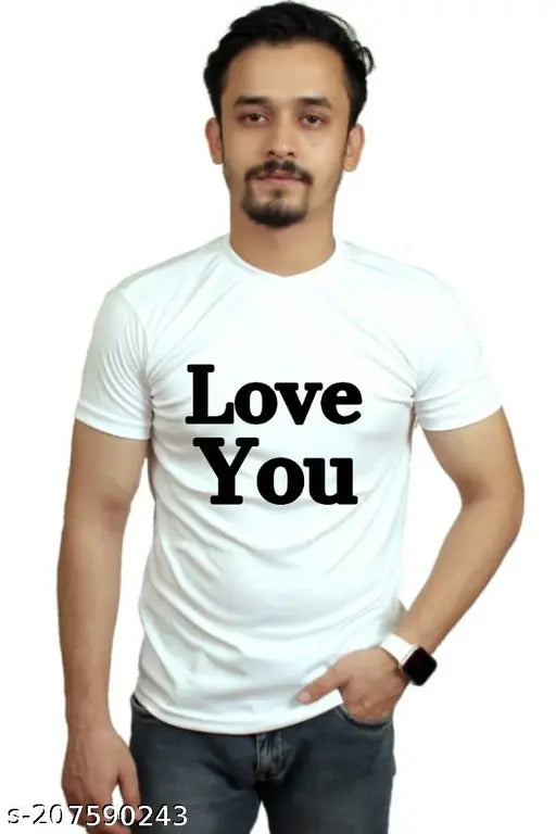 Red polyester short-sleeved 'Love You' t-shirt, printed design on front, size S-XL