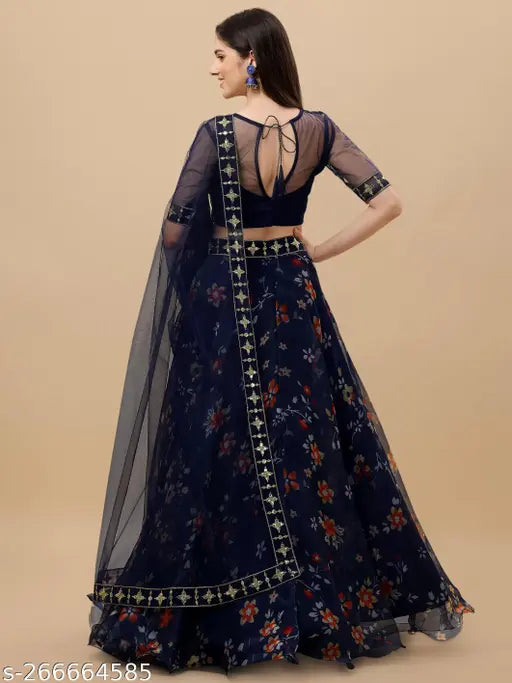 Embroidered art silk lehenga set with floral dupatta, semi-stitched for Indian women
