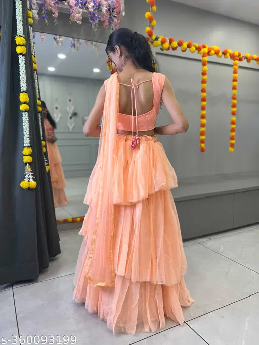 Embroidered Art Silk Lehenga Choli and Net Dupatta set, beautifully adorned with lace edges, ready for shipping, Indian designer collection