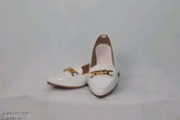 White synthetic leather ballerinas with attractive design for women's daily and party wear. Flat belly heels, slip-on style, pointed shape, and chain detail. Affordable, vibrant, and versatile