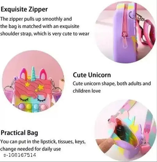 Multicolor mini unicorn handbag, push bubble pop fidget sensory toy for kid or adult. Fabric crossbody purse with adjustable sling zipper closer. India-origin stress relief travel pouch
