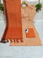 Orange cotton kurta set with dupatta for women - fashionable three-quarter sleeves self-design stitched net