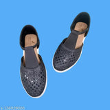 Black synthetic bellies and ballerinas mojaris and juttis for women's everyday use, embellished design, comfortable walking experience