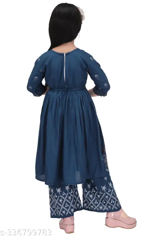 Blue Color Printed Kid Girls Naira Cut Rayon Kurta set with palazzo bottoms, vibrant and elegant for festive occasions