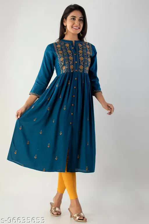 Embroidered rayon kurti by JANAKNANDINI CRAFTS, three-quarter sleeve style in multiple sizes from S (36 in) to XXL (44 in). Indian fashion essential for all seasons