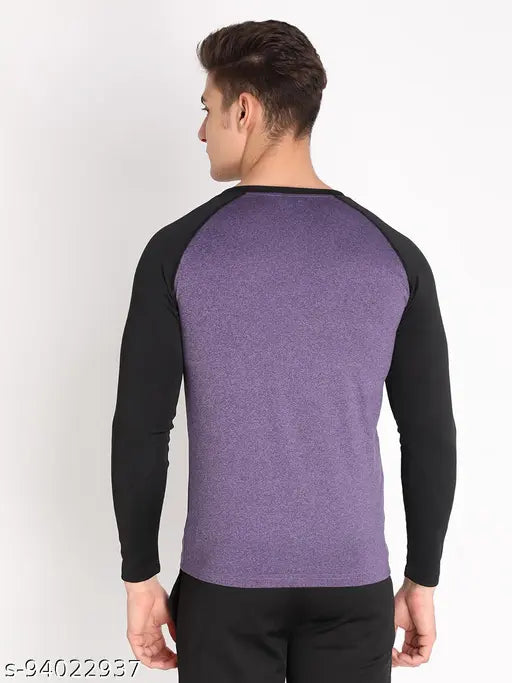 Multicolor polyester Chkokko Henley active t-shirt for men, colorblocked long sleeves with double stitching at borders. Sizes include S (36"/27"), M (38"/28"), XL (42"/30"), XXL (44"/31"). Origin: India