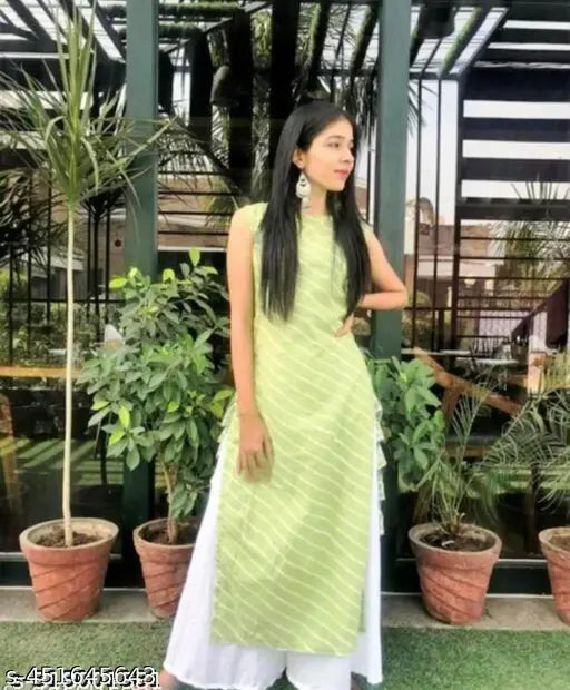 Green rayon kurta, white palazzo set for daily wear - stylish Lahariya print straight kurta with rayon bottomwear
