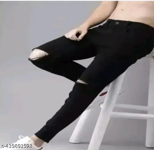 Black denim knee-cut jeans for men, high-quality stretch fabric, trendy design, versatile fits, comfortable wear