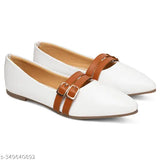 White synthetic belly flats with brown buckle strap - stylish, comfortable, and trendy women's footwear for parties or everyday wear. Made in India