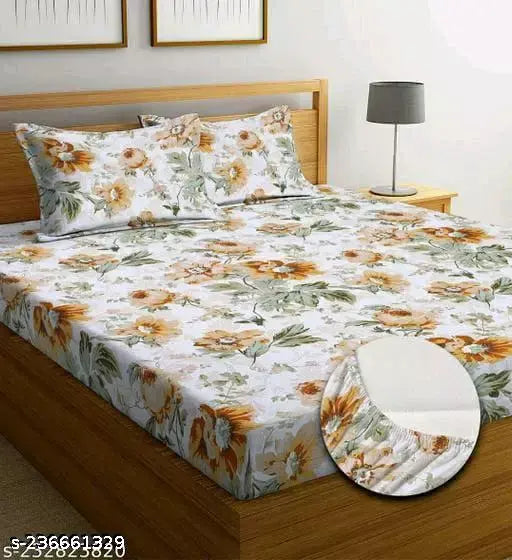 Cream cotton feel elastic fitted bedsheet & 2 king size pillow covers, floral print, superfine quality for summer use