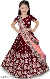 Kids semi-stitched embroidered taffeta silk lahenga choli set with dupatta, short sleeves, 3-16 years sizes