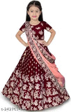 Kids semi-stitched embroidered taffeta silk lahenga choli set with dupatta, short sleeves, 3-16 years sizes