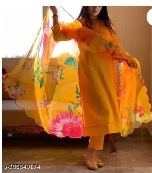 Pure cotton women's kurta set with dupatta and pants, three-quarter sleeves, solid design. Indian-made, one-size plazzo style with pocket
