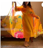 Pure cotton women's kurta set with dupatta and pants, three-quarter sleeves, solid design. Indian-made, one-size plazzo style with pocket
