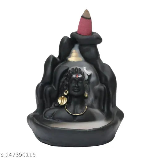 11cm x 12cm poly resin Khushi Mahadev Shiva Idol Smoke fountain handicraft, reverse-flow smoky waterfall with incense cone, Indian artifact & showpiece