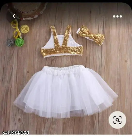 Gold net frock, sleeveless embroidered dress for girls, shiny sequin work on top, made in India
