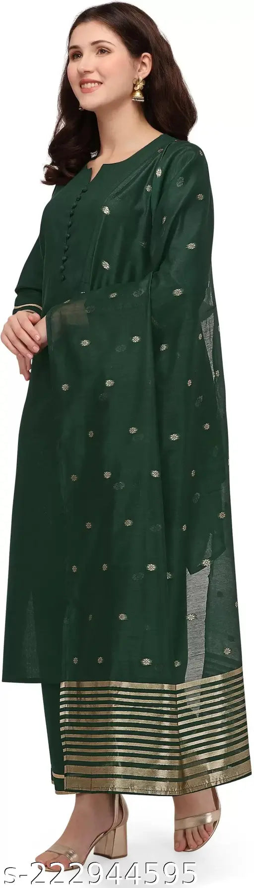 Cotton blend dupatta set with palazzos, solid net, three-quarter sleeves - Indian women's outfit