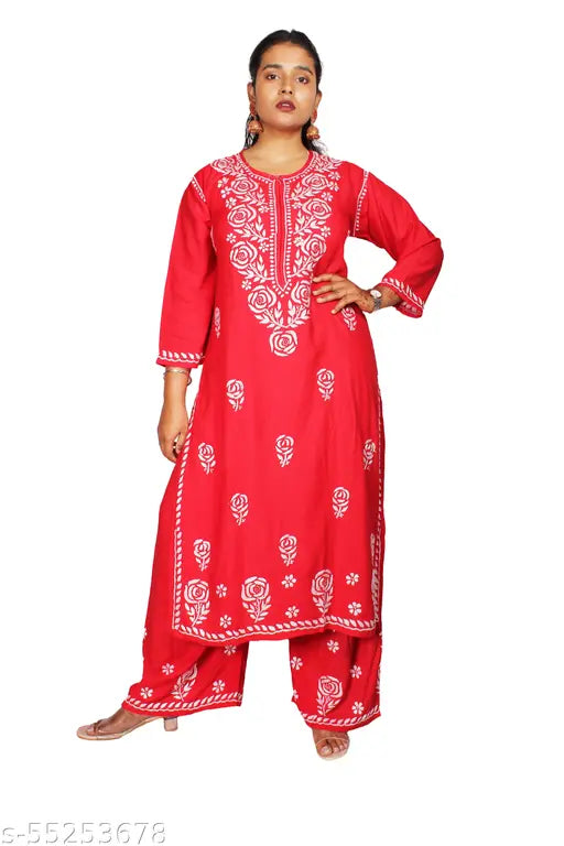 Rayon Chikankari women's kurta set with palazzos, embroidered in intricate designs, perfect for office or casual wear