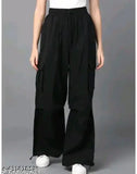 Black polyester solid bell-bottom trousers for women, elastic waist, sizes S to XXXL