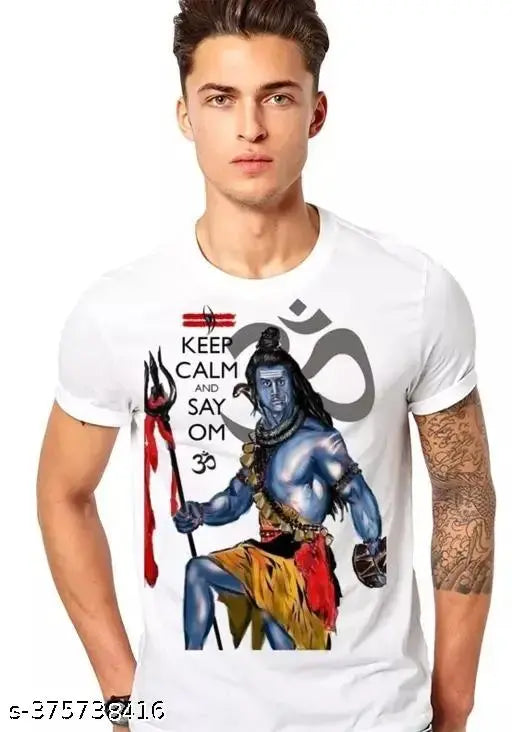 White polyester short-sleeve round neck t-shirt with "Om Namah Shivay" & Shivji graphic print, featuring Hindu spiritual symbolism & artwork on chest