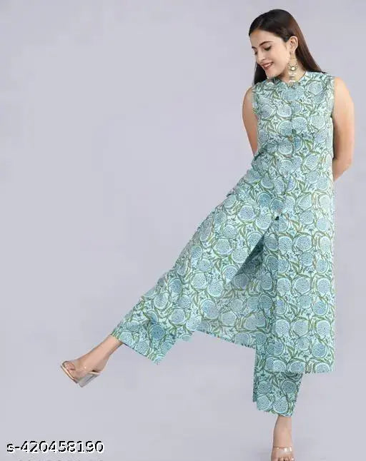 Rayon printed net kurta set with trousers for women, sleeveless, fashionable Adrika style from India