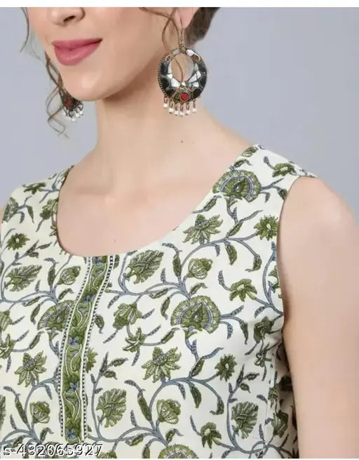 Rayon printed net mehendi kurta with matching pants, sleeveless and vibrant design, XS to XXXL sizes available