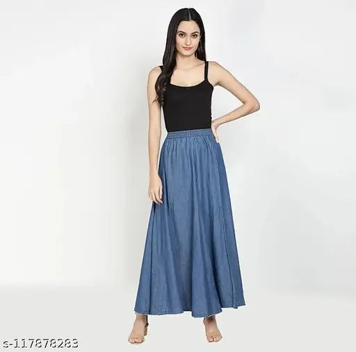 Blue denim ankle-length skirt with elastic pattern, ideal for women's casual wear. Made from durable denim fabric in India
