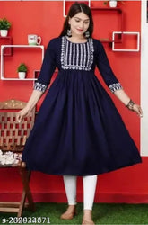 Blue rayon embroidered Anarkali Kurti with three-quarter sleeves, available in sizes S-4XL for women's party wear, made in India
