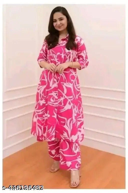 Pinkteetar women's printed A-line kurta pant set, rayon fabric with three-quarter sleeves, India origin