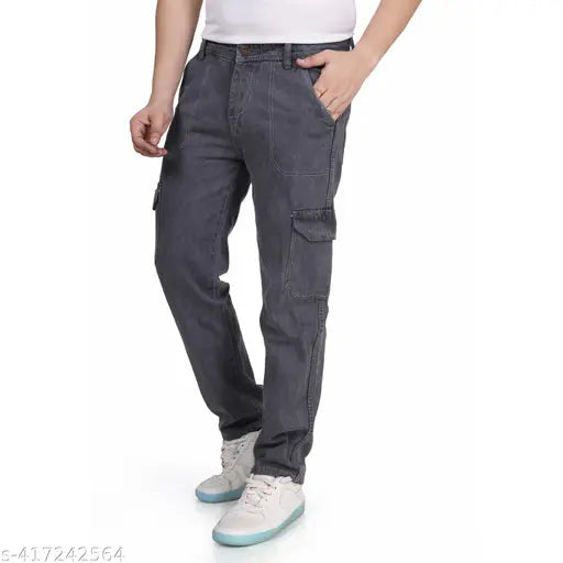 Classic blue denim 6-pocket cargo pants for men, reinforced stitching, adjustable ankle cuffs