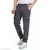 Classic blue denim 6-pocket cargo pants for men, reinforced stitching, adjustable ankle cuffs