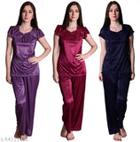 Purple wine, navy blue satin nightdress combo, three-piece top payjama set by Nightdoll - stylish yet comfortable nightwear for women
